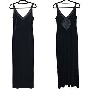 Vintage Alex Evenings '80s Black Velvet Beaded Full Length V Neck Gown Dress 12